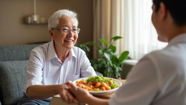 Volunteer delivering a warm meal and checking in on an elderly resident living alone